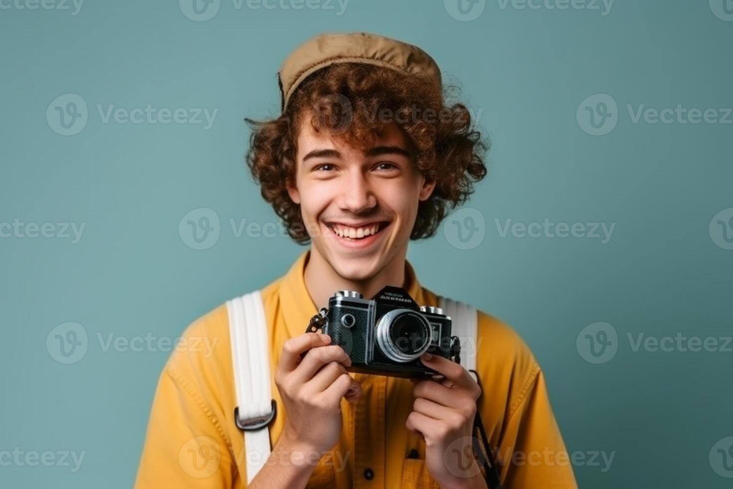 Portrait of a cheerful young man with curly hair holding vintage camera isolated over blue background photo