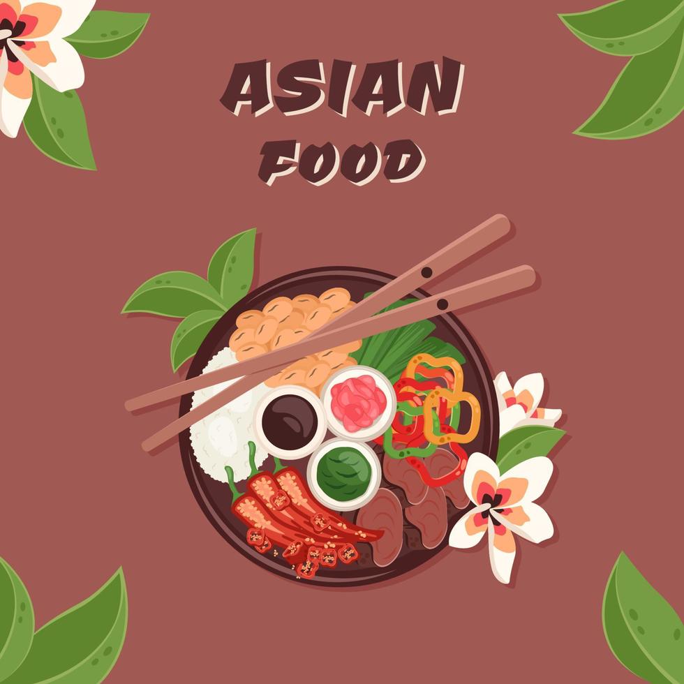 Asian food. Traditional oriental dish closeup with rice, meat, chilli pepper, soya beans, figs, sauce, vassabi. Vector illustration for restaurant menu, banner, meat presentation, cooking concept