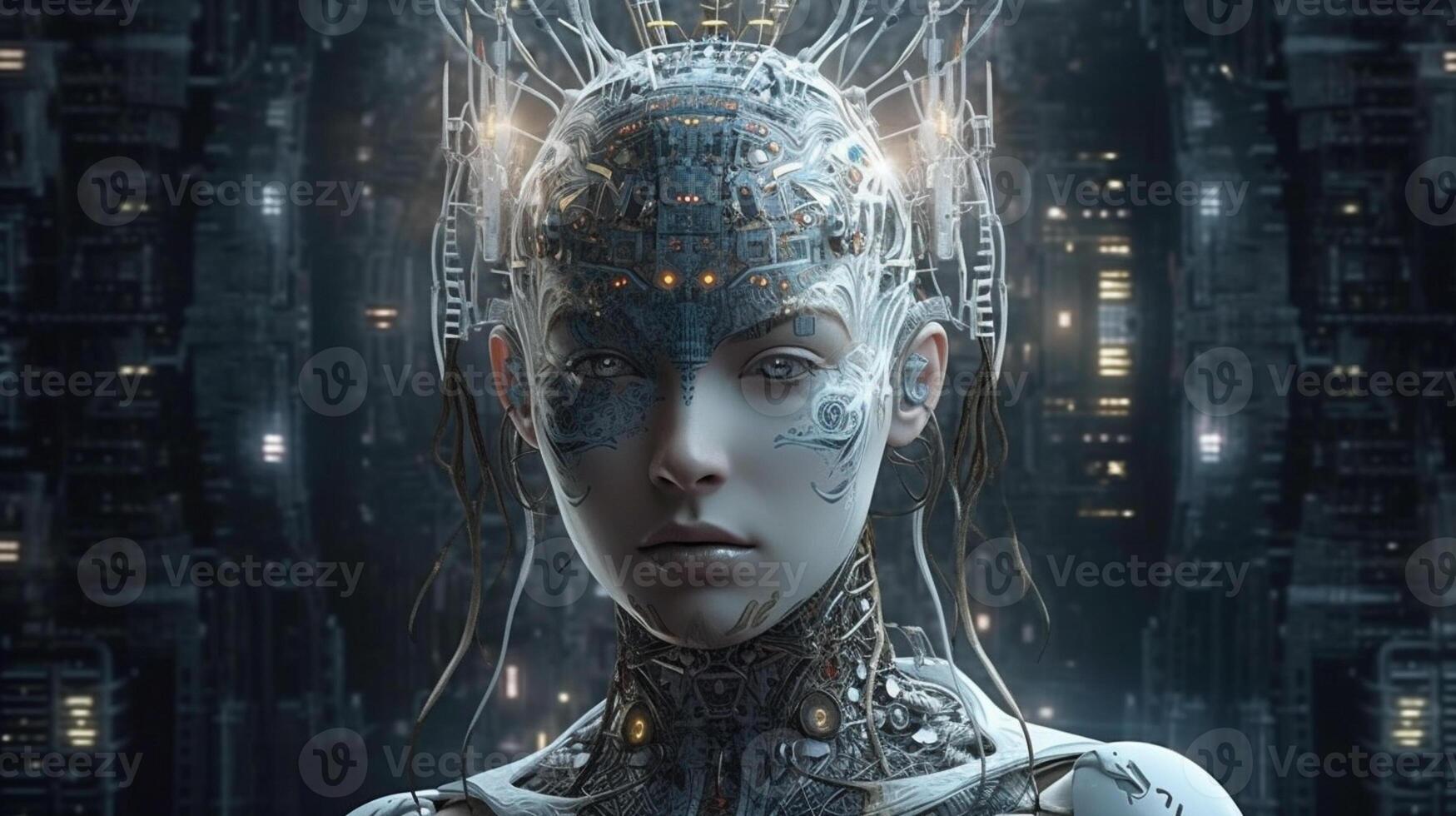 Cyborg on digital background represent artificial intelligence. photo