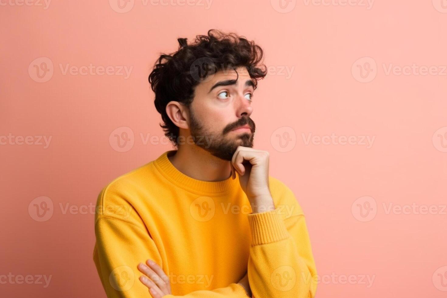 a Young man thinking an idea while looking up photo