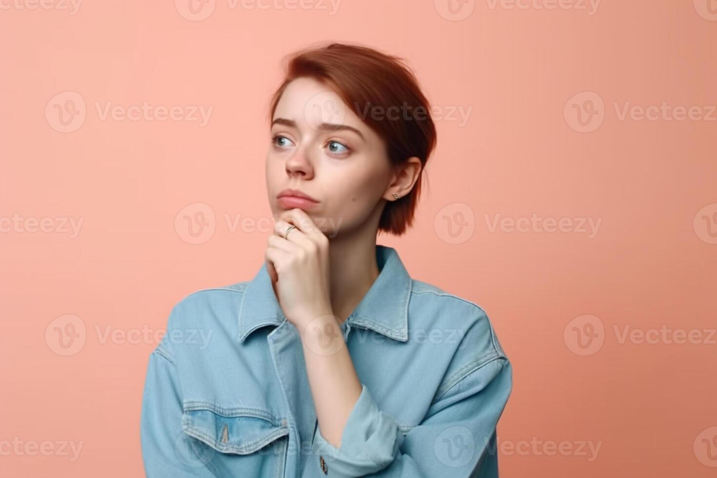 Photo of a confused young female posing