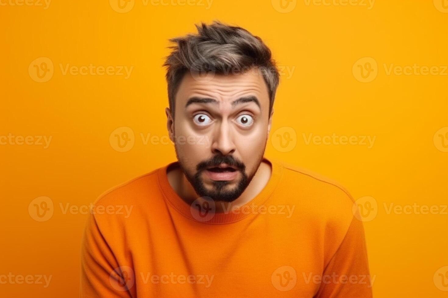 a man on solid color background photoshoot with Fear face expression photo