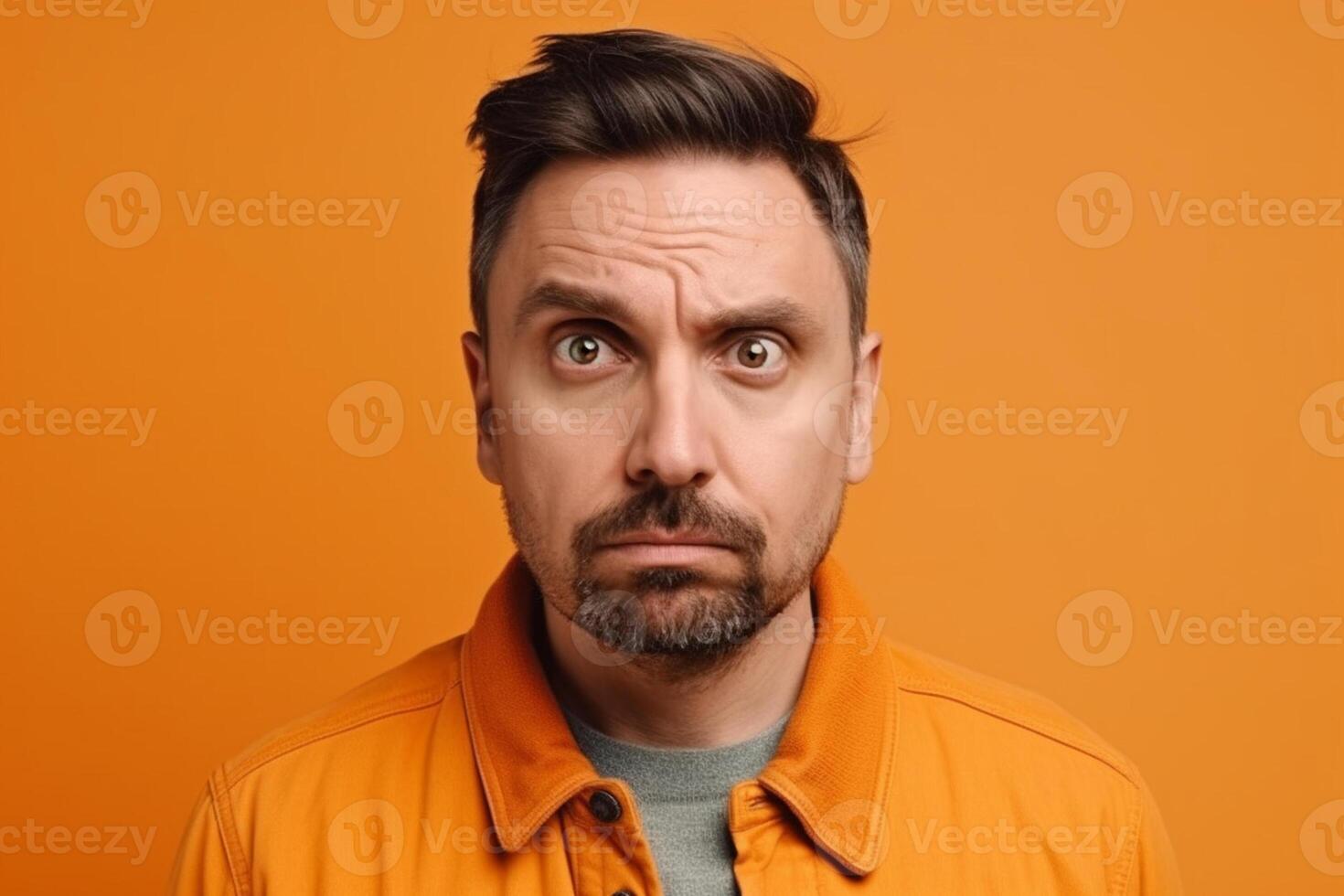 a man on solid color background photoshoot with Disgust face experession photo
