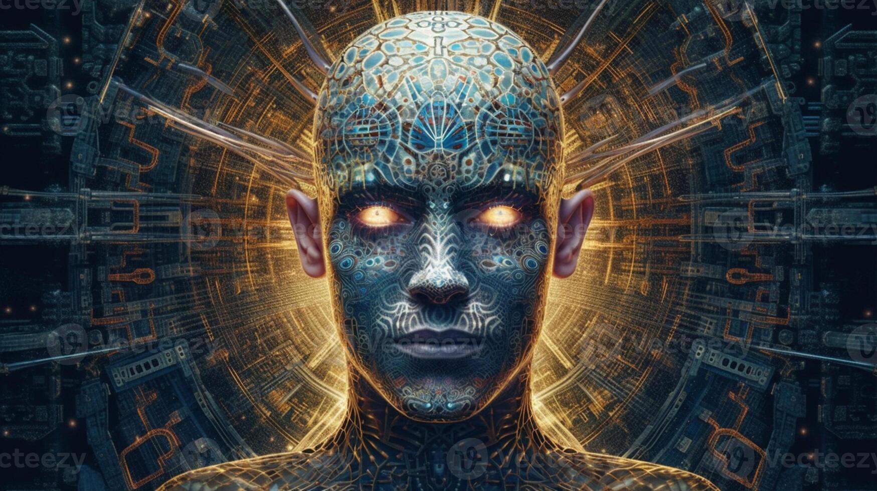Cyborg on digital background represent artificial intelligence. photo