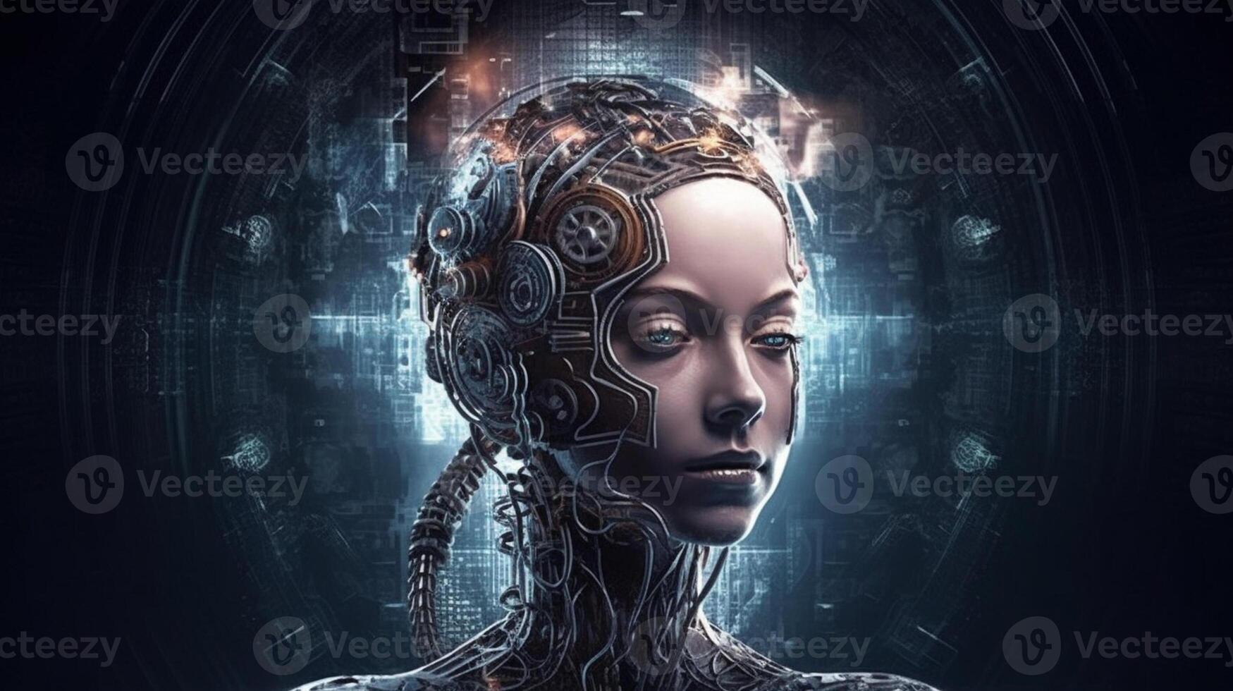 Cyborg on digital background represent artificial intelligence. photo