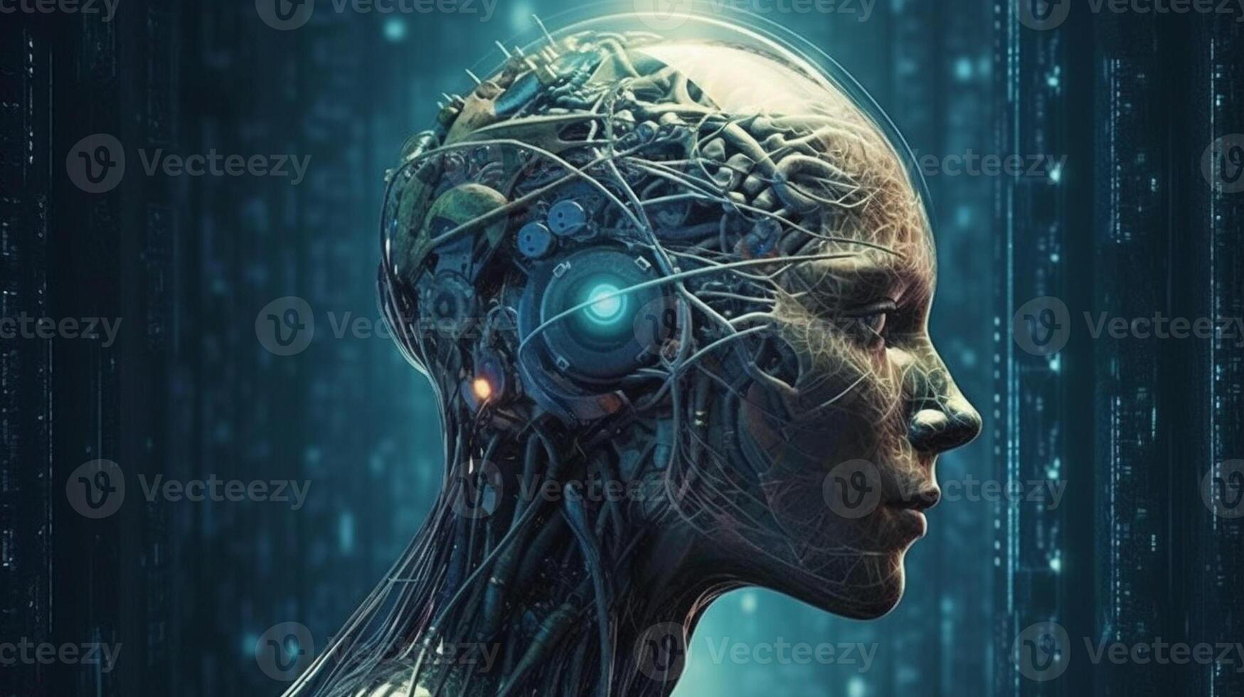 Cyborg on digital background represent artificial intelligence. photo