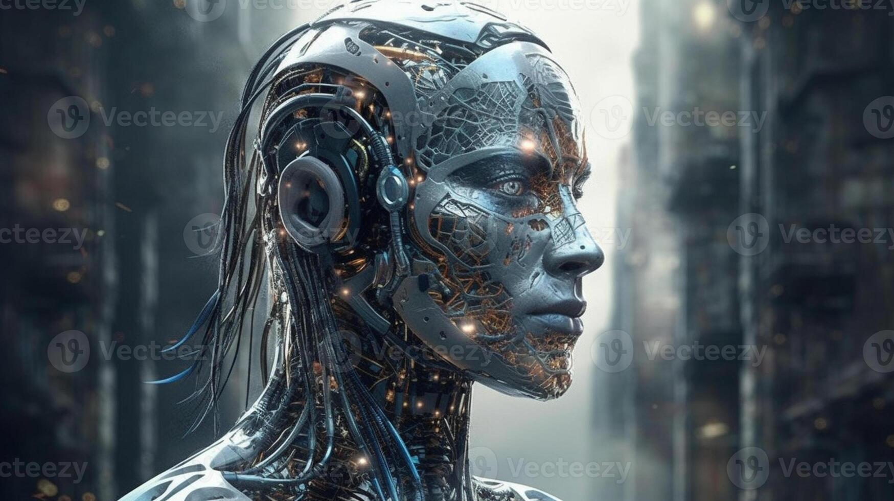 Cyborg on digital background represent artificial intelligence. photo
