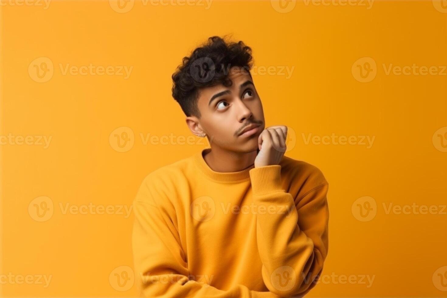 a Young man thinking an idea while looking up photo