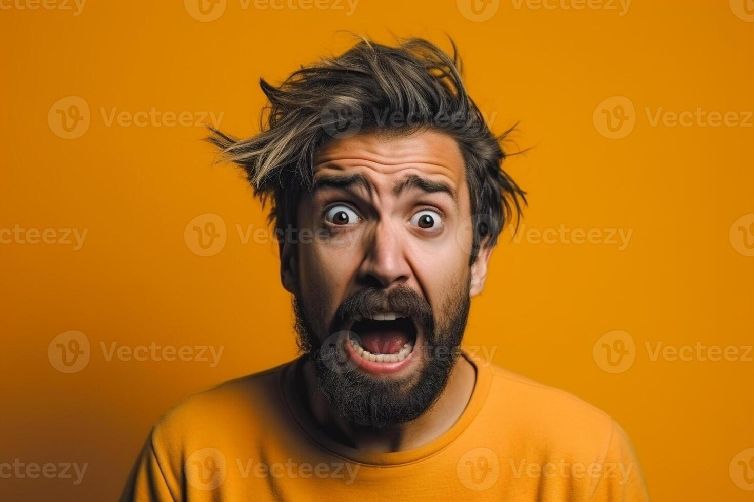 a man on solid color background photoshoot with Fear face expression photo