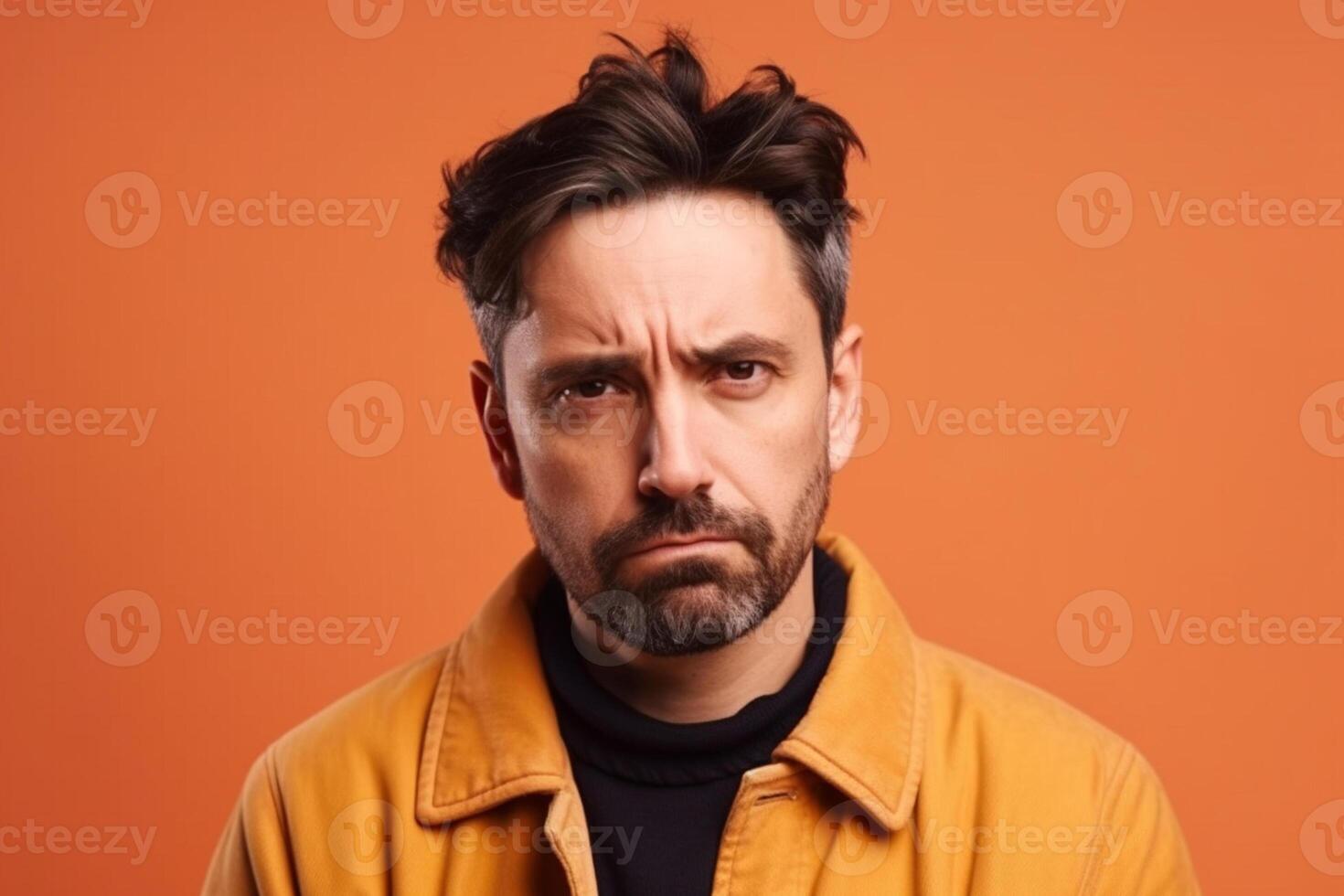 a man on solid color background photoshoot with Disgust face experession photo