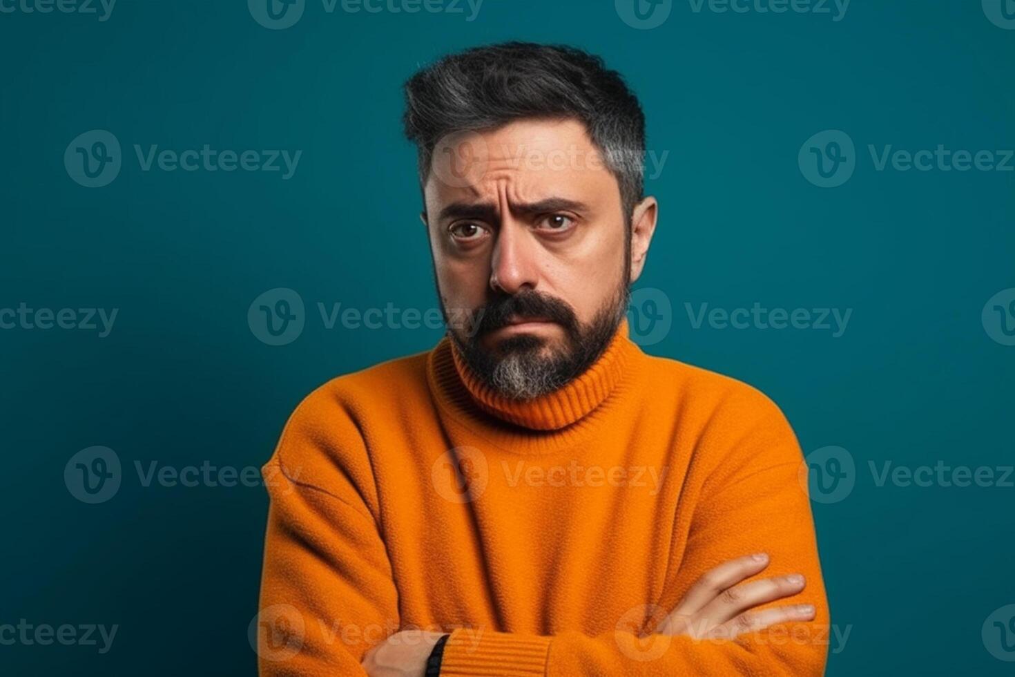 a man on solid color background photoshoot with Disgust face experession photo
