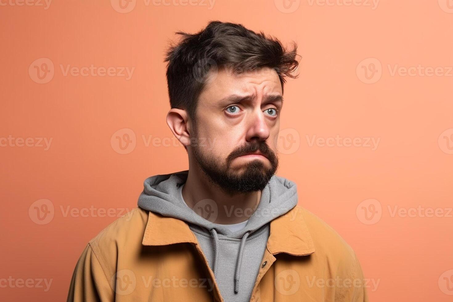 a man on solid color background photoshoot with Disgust face experession photo