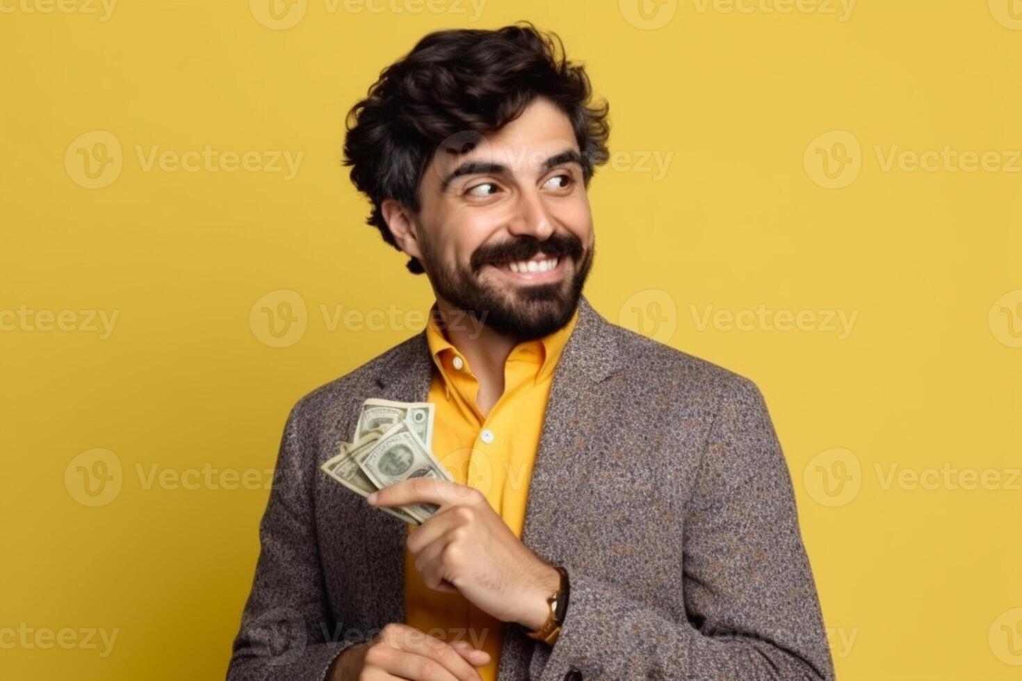 happy young businessman holding dollar banknotes and looking at camera photo