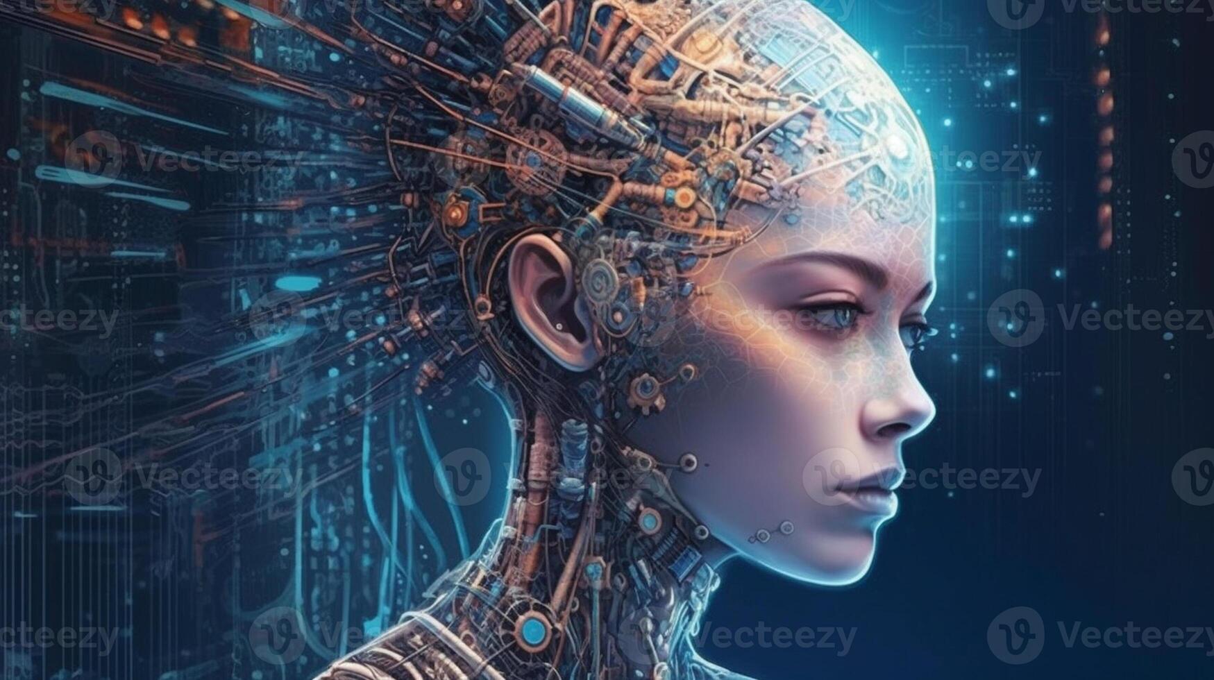 Cyborg on digital background represent artificial intelligence. photo
