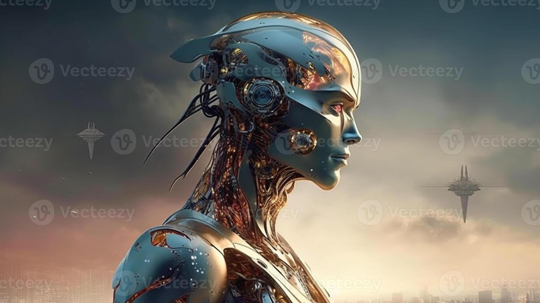Cyborg on digital background represent artificial intelligence. photo
