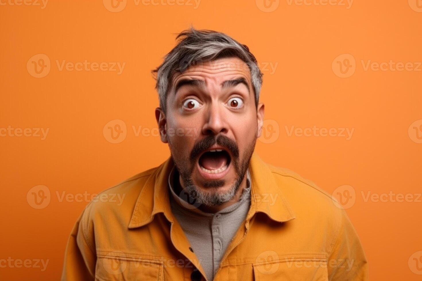 a man on solid color background photoshoot with Fear face expression photo