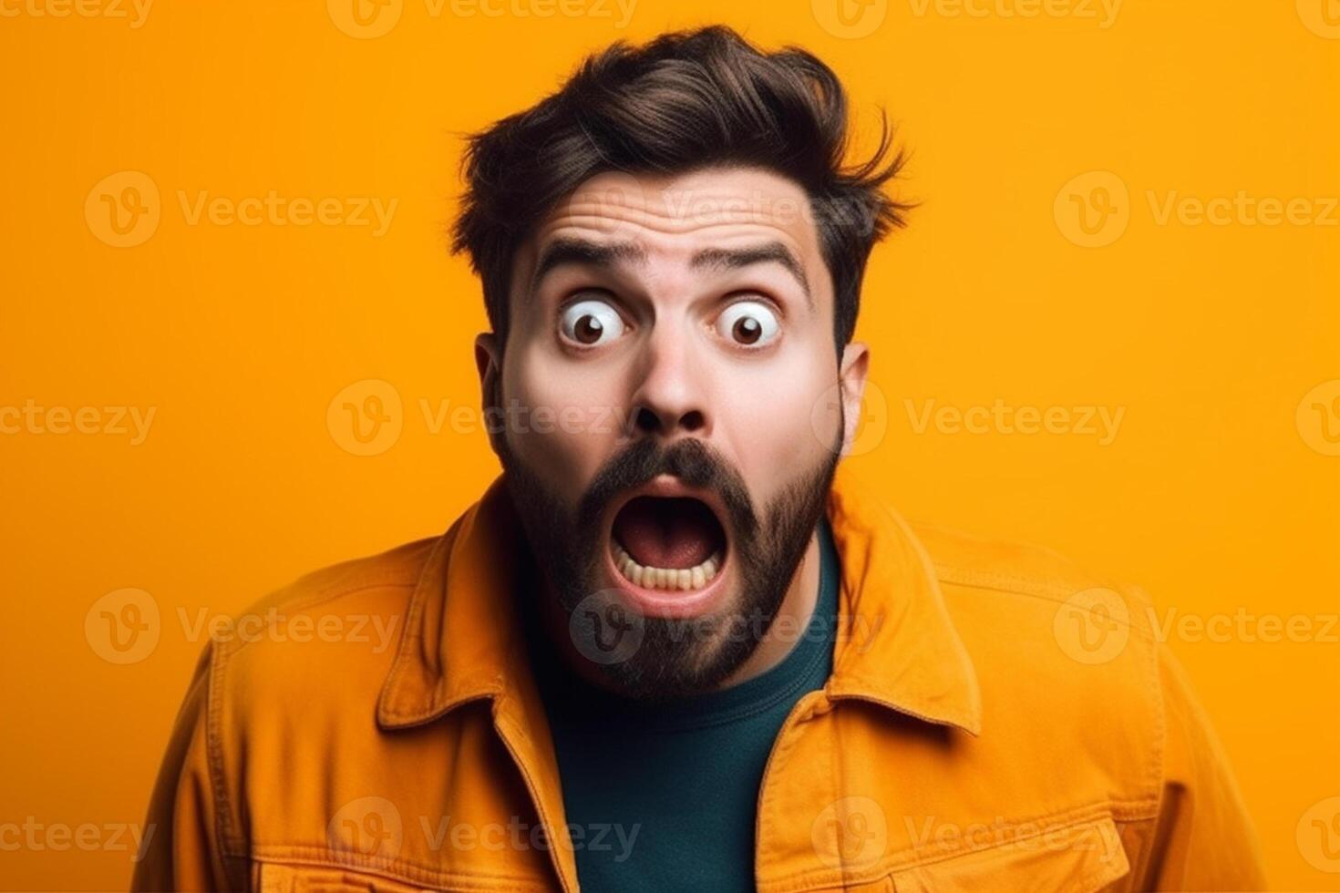 a man on solid color background photoshoot with Fear face expression photo