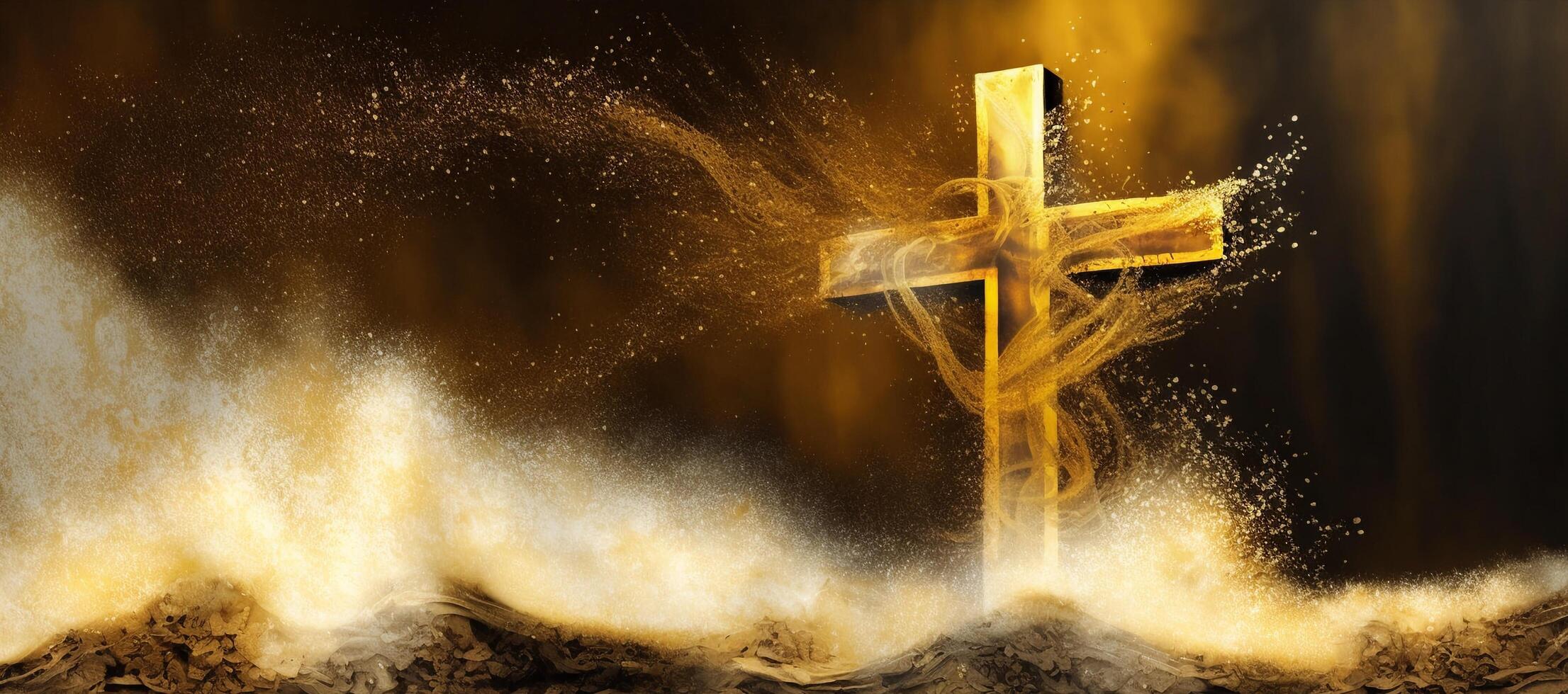 The faith cross and splashing sand with . photo