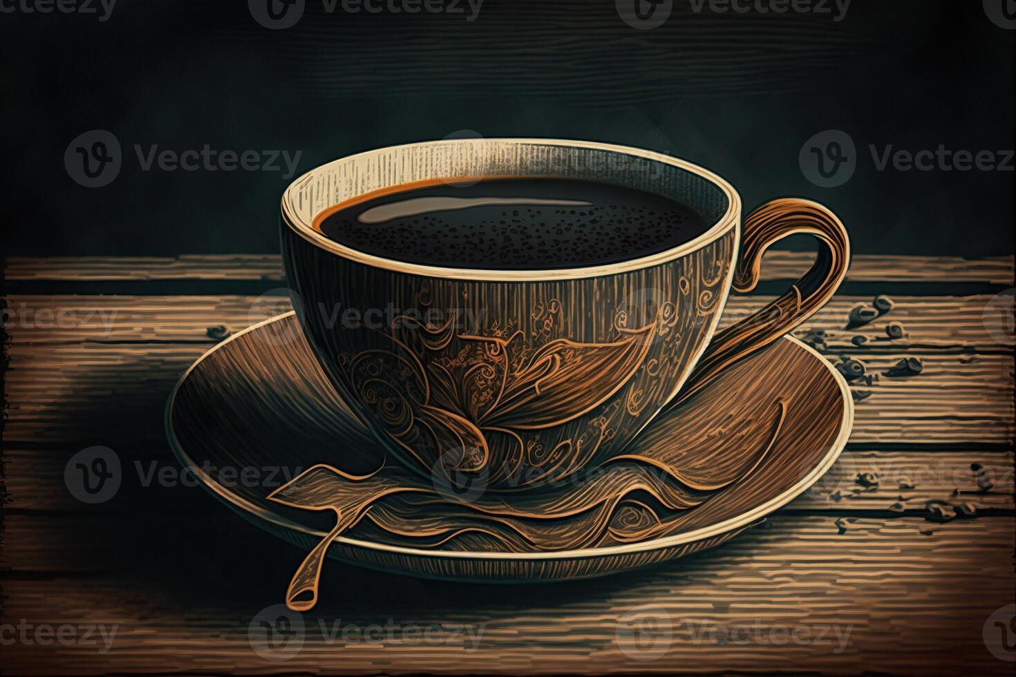 ilustración de un pintado pequeño taza de Café exprés café en un de madera mesa, ai generado foto