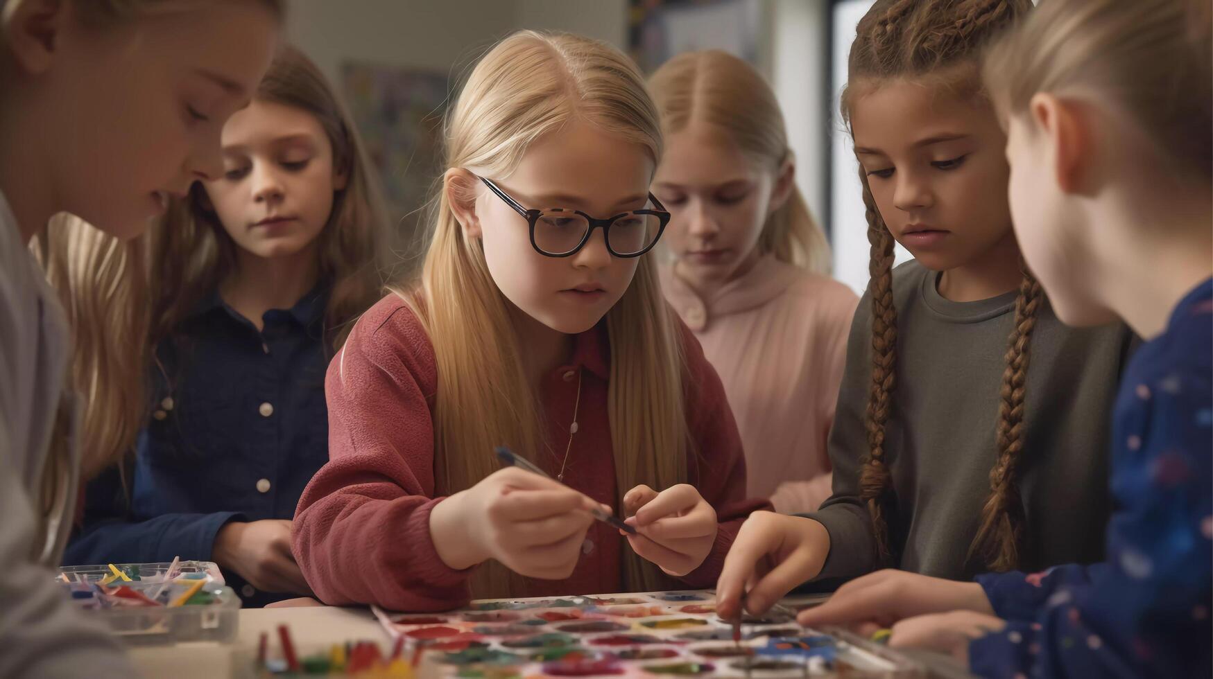 Group of elementary school kids having an art lesson with their teacher, creativity, learning, collaboration, colorful, fun photo