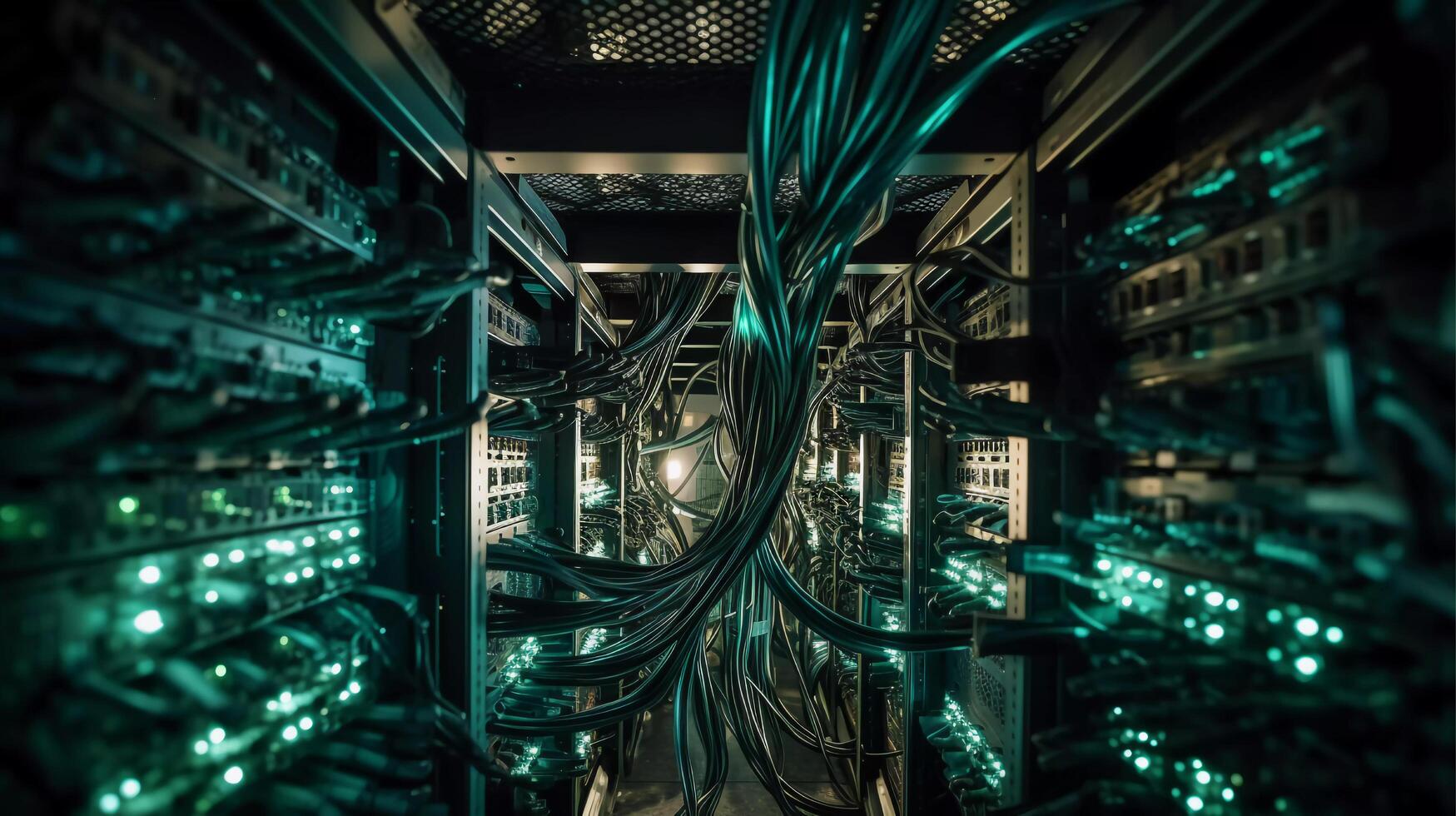 Next-Gen Networking Infrastructure, High-Quality Details Image, A mesmerizing image of advanced network connections weaving through a data center during the early morning photo