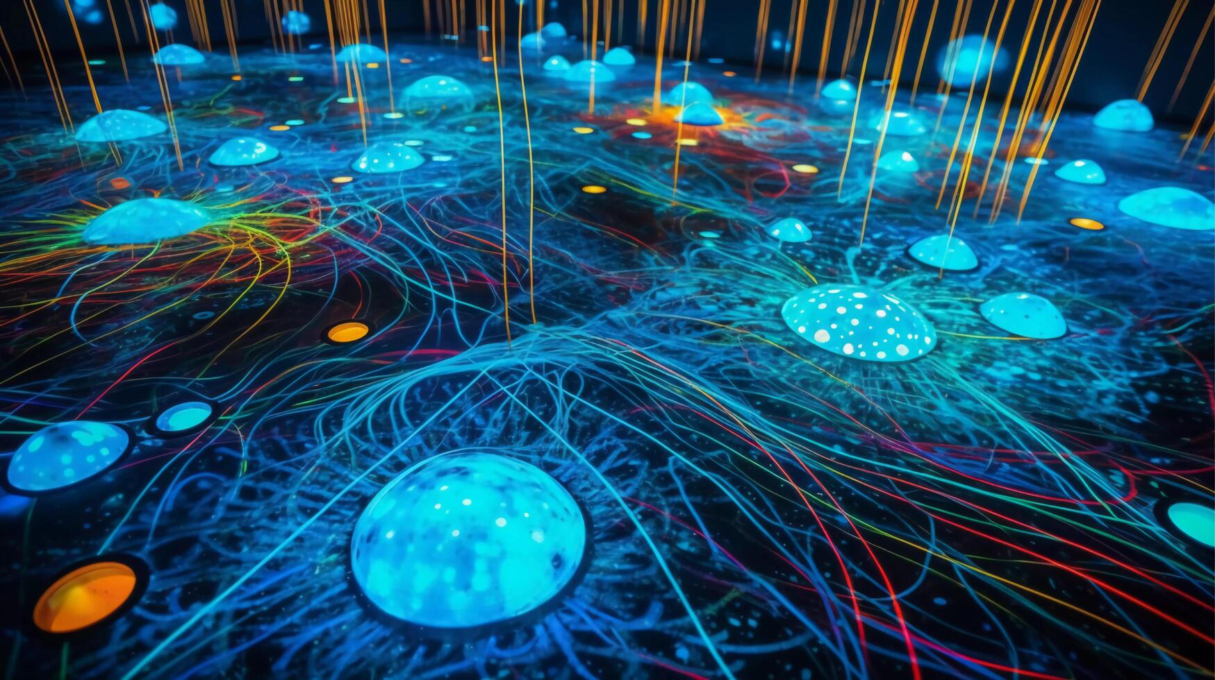 Neon Flux Design, vibrant, futuristic, energetic, immersive, electric blue, cyberpunk photo