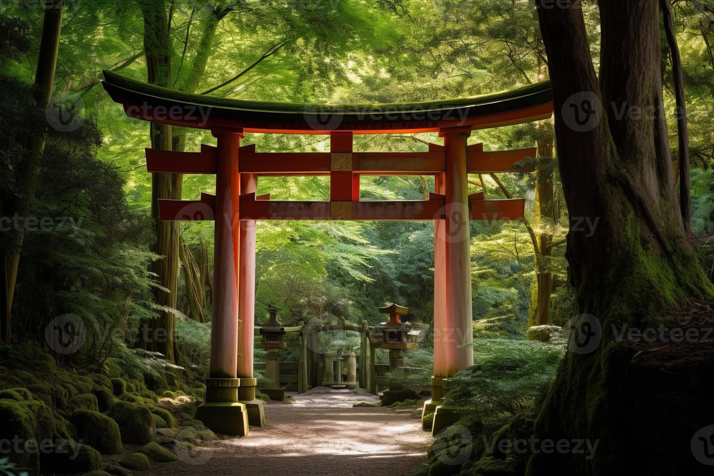 Japanese park red arch. Generate Ai photo