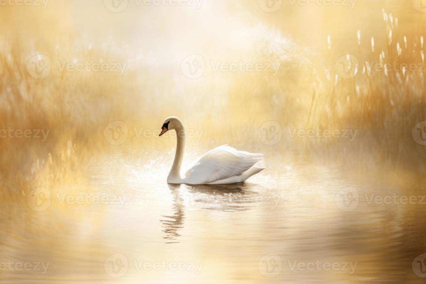 Swan misty lake. Generate Ai photo
