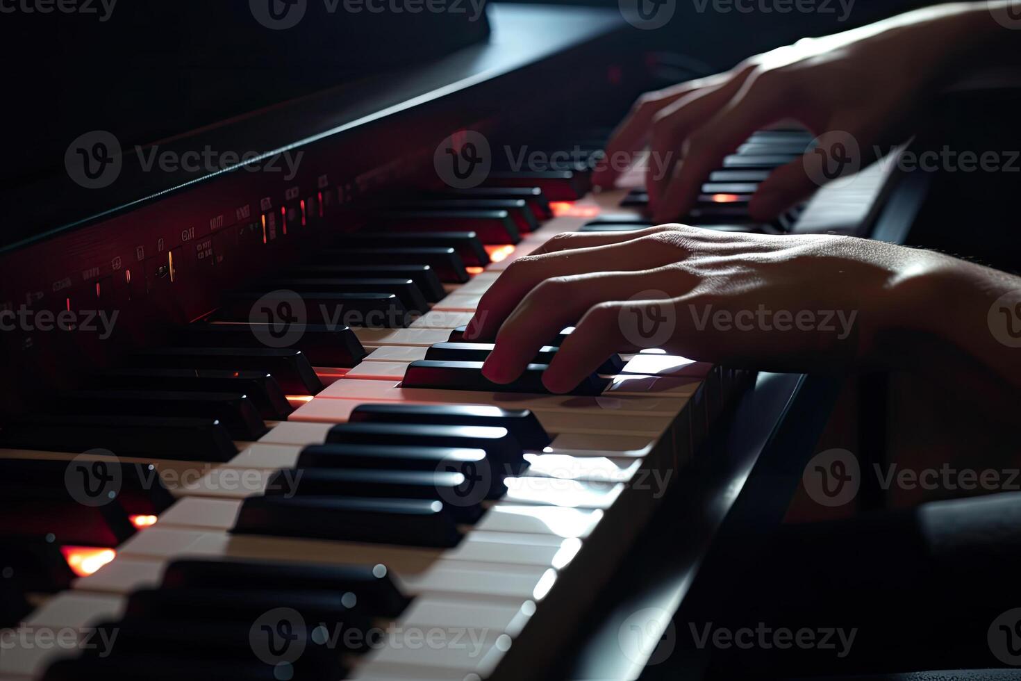 músico manos en piano teclado. clásico música instrumento. generativo ai foto