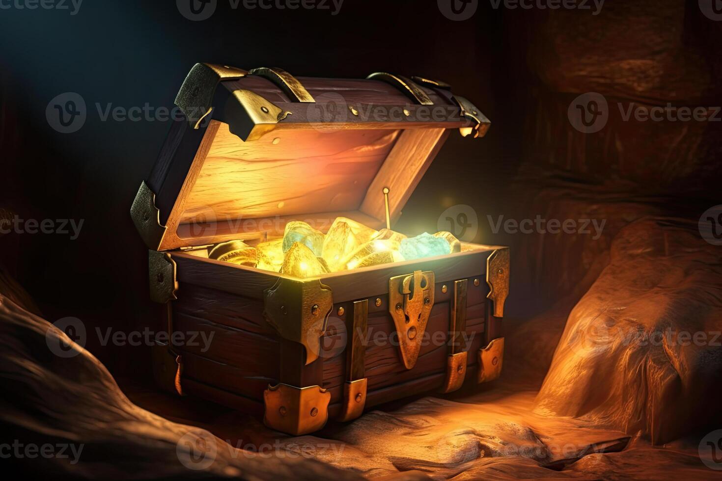 Chest with pirate treasure in cave. photo