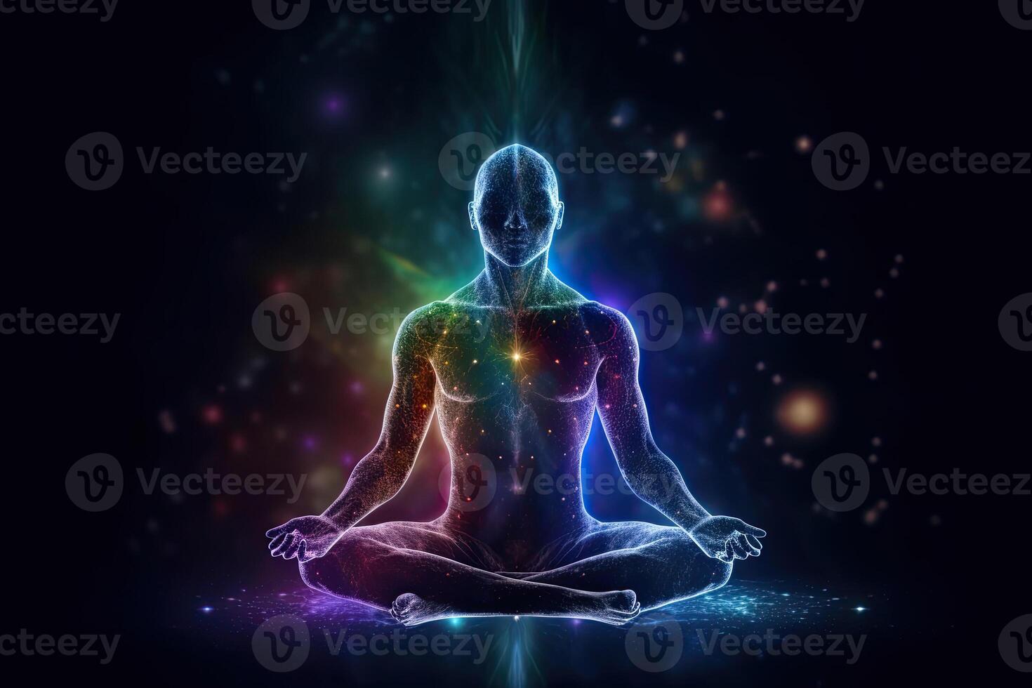 Body silhouette in lotus pose against cosmic background. photo
