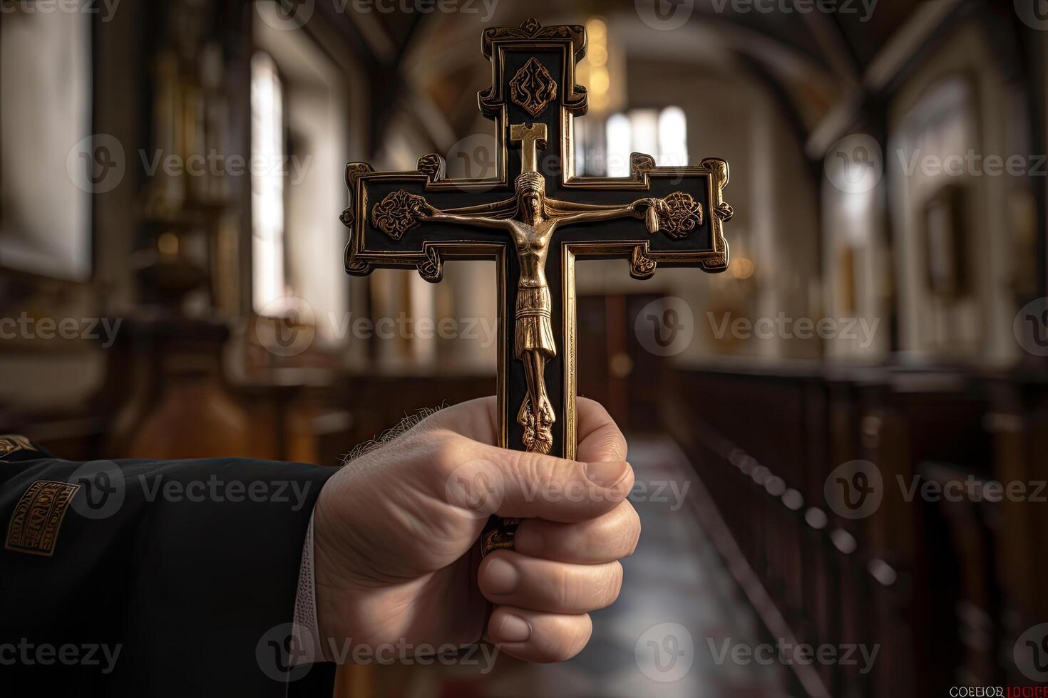 Church priest holds religious cross in hands. photo