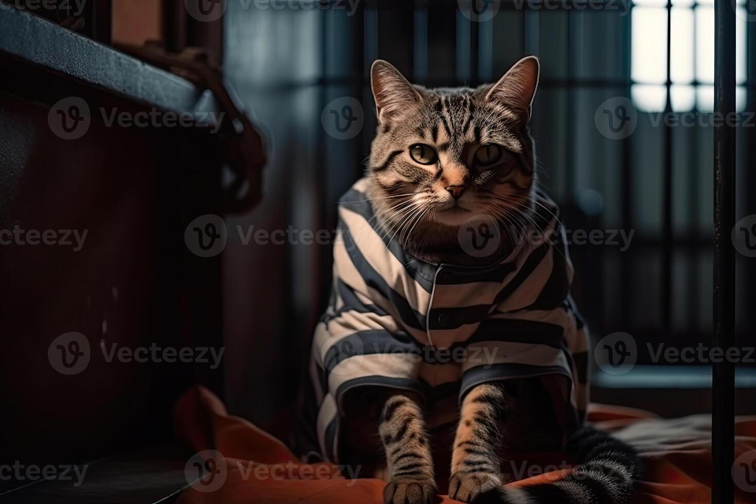 Cat in prisoner costume in prison cage. Generative AI 23121136 Stock