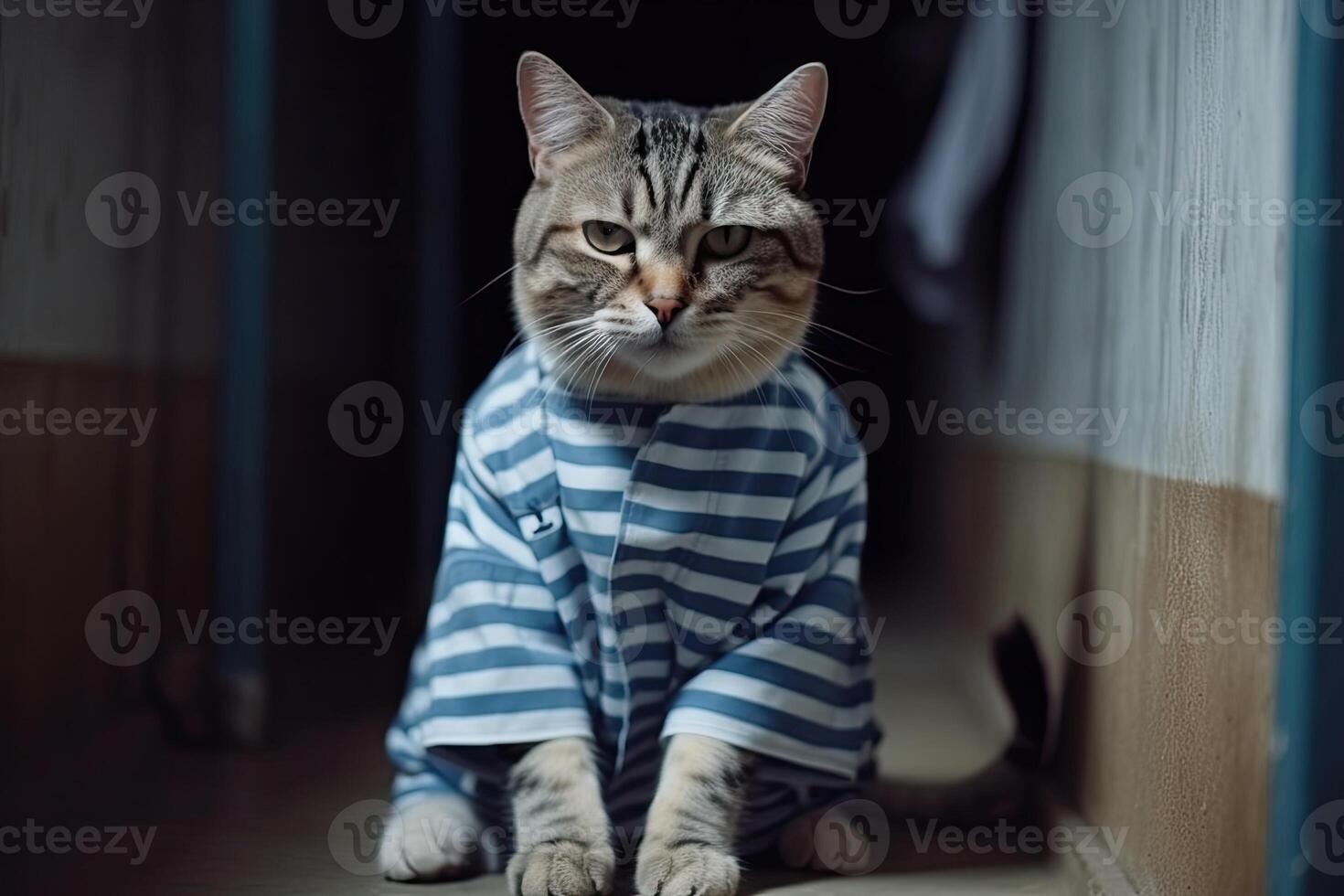 Cat in prisoner costume in prison cage. photo