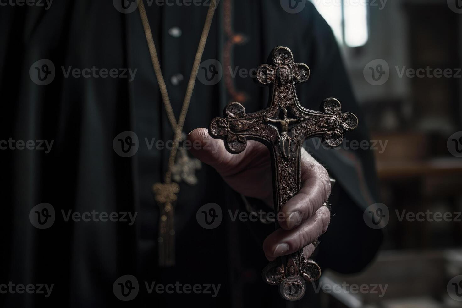 Church priest holds religious cross in hands. photo