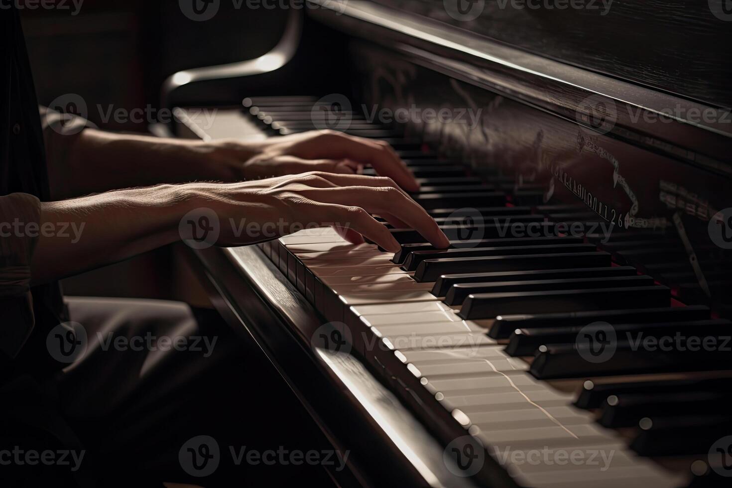 Musician hands on piano keyboard. Classical music instrument. photo