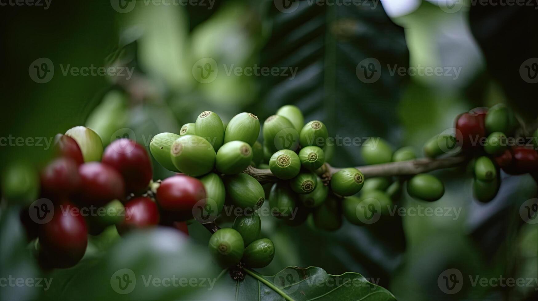 café árbol con rojo café frijoles en café plantación. generativo ai foto