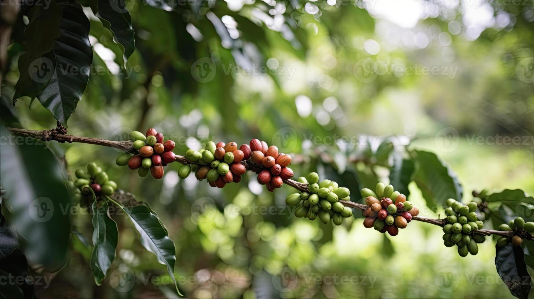 Coffee tree with red coffee beans on coffee plantation. photo