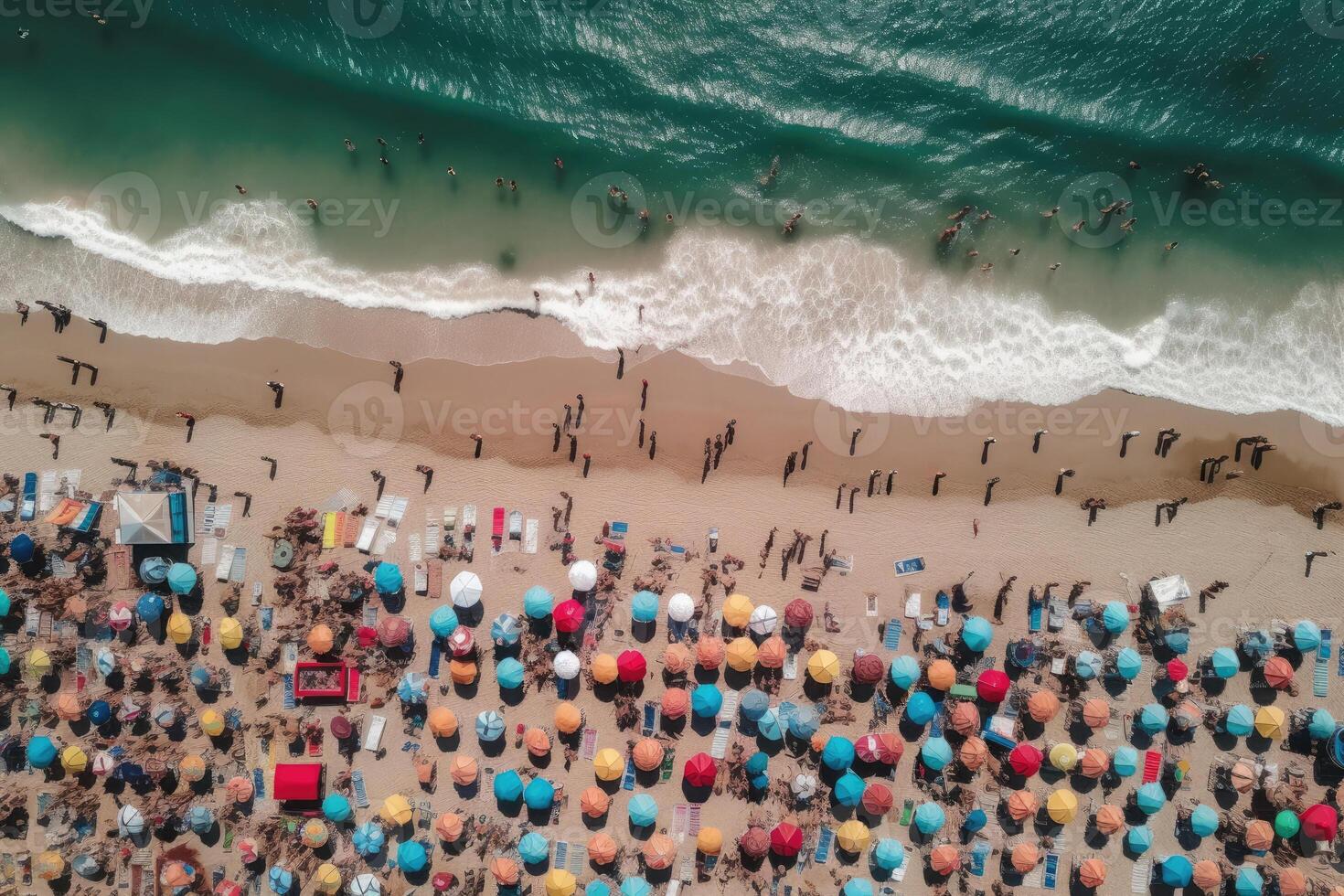 Sea beach with colorful umbrellas and relaxing people, top view. photo