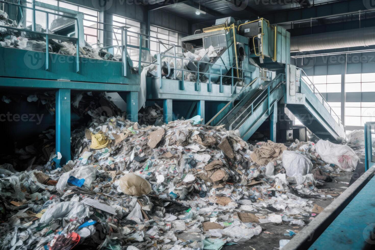 Conveyor belt with pile of waste at recycling plant. photo