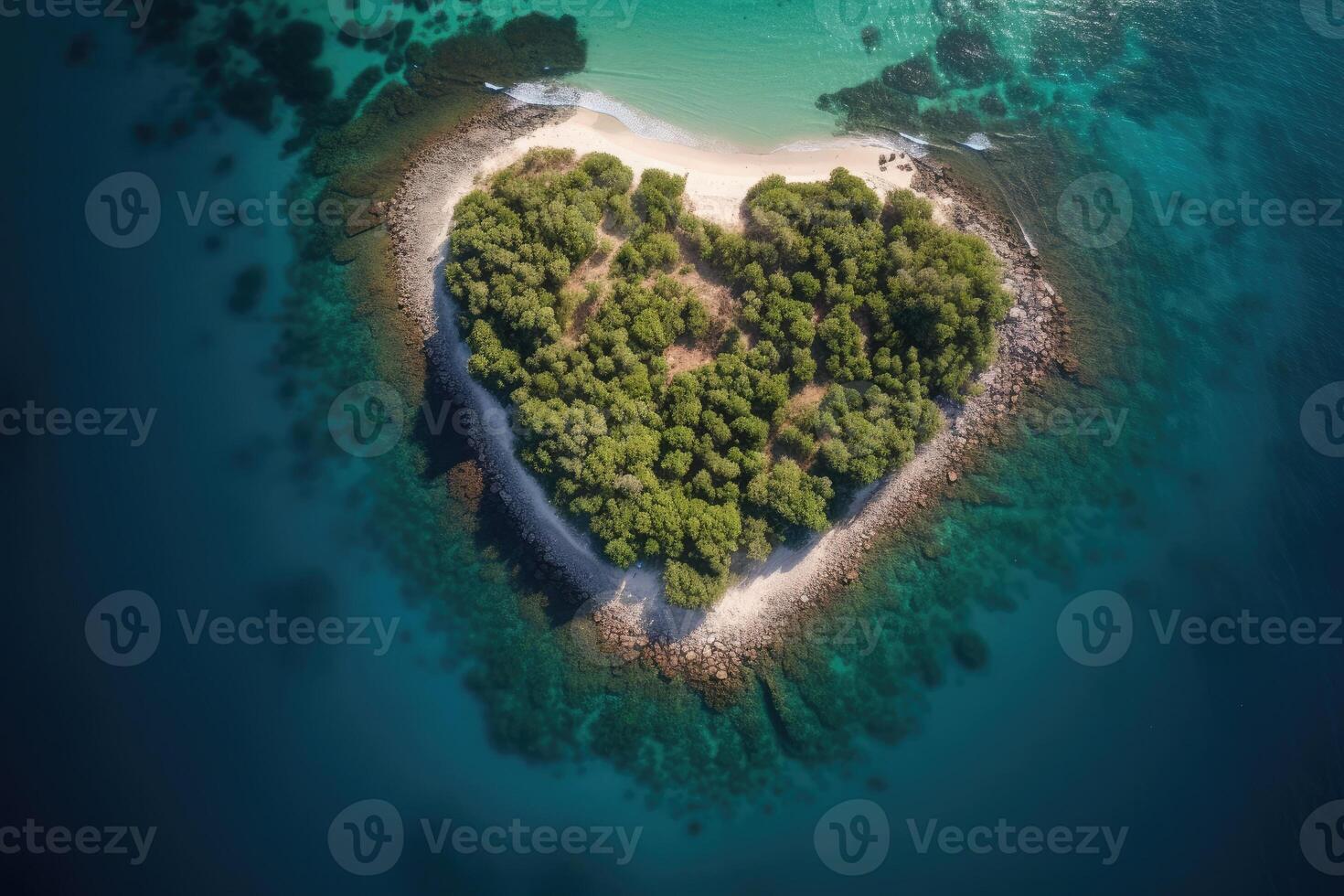 Aerial view of heart shape island in sea. photo