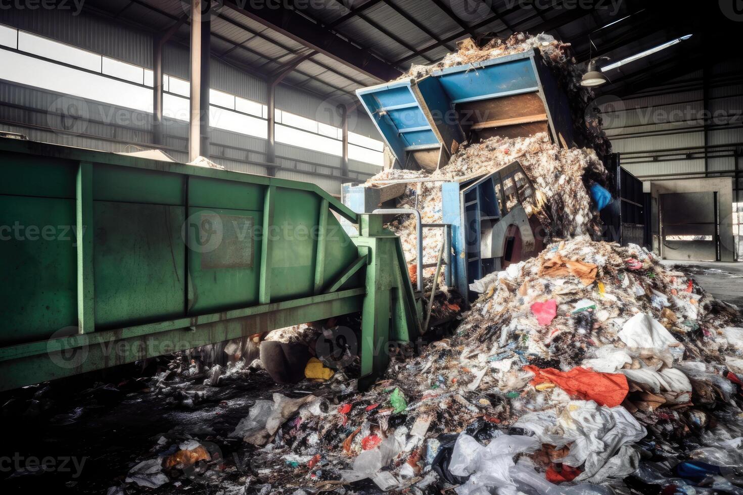 Conveyor belt with pile of waste at recycling plant. photo