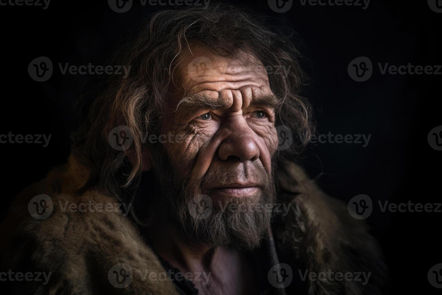 Portrait of prehistoric man on dark background. photo