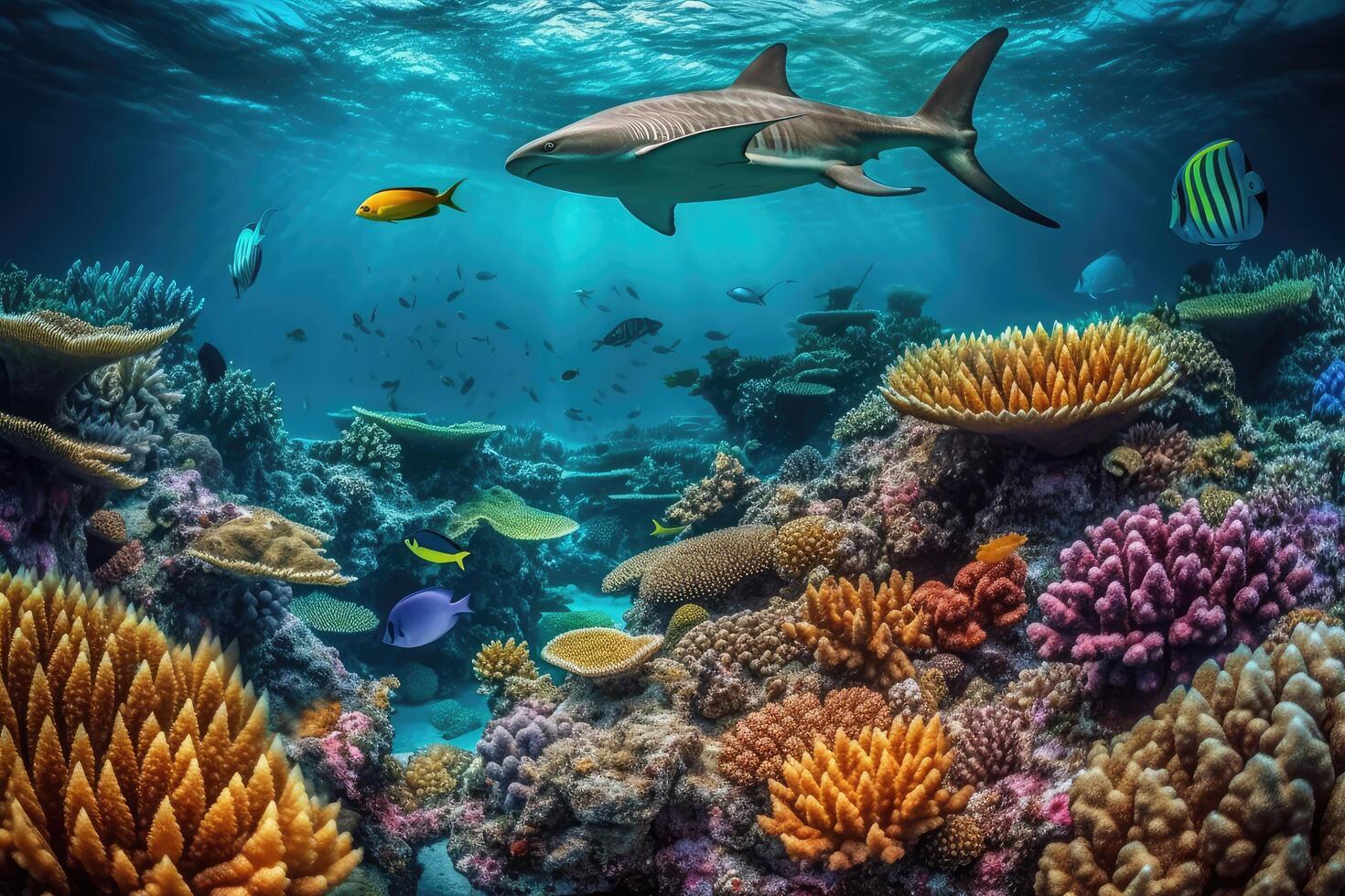 coral reef full of fish and sharks ocean . photo