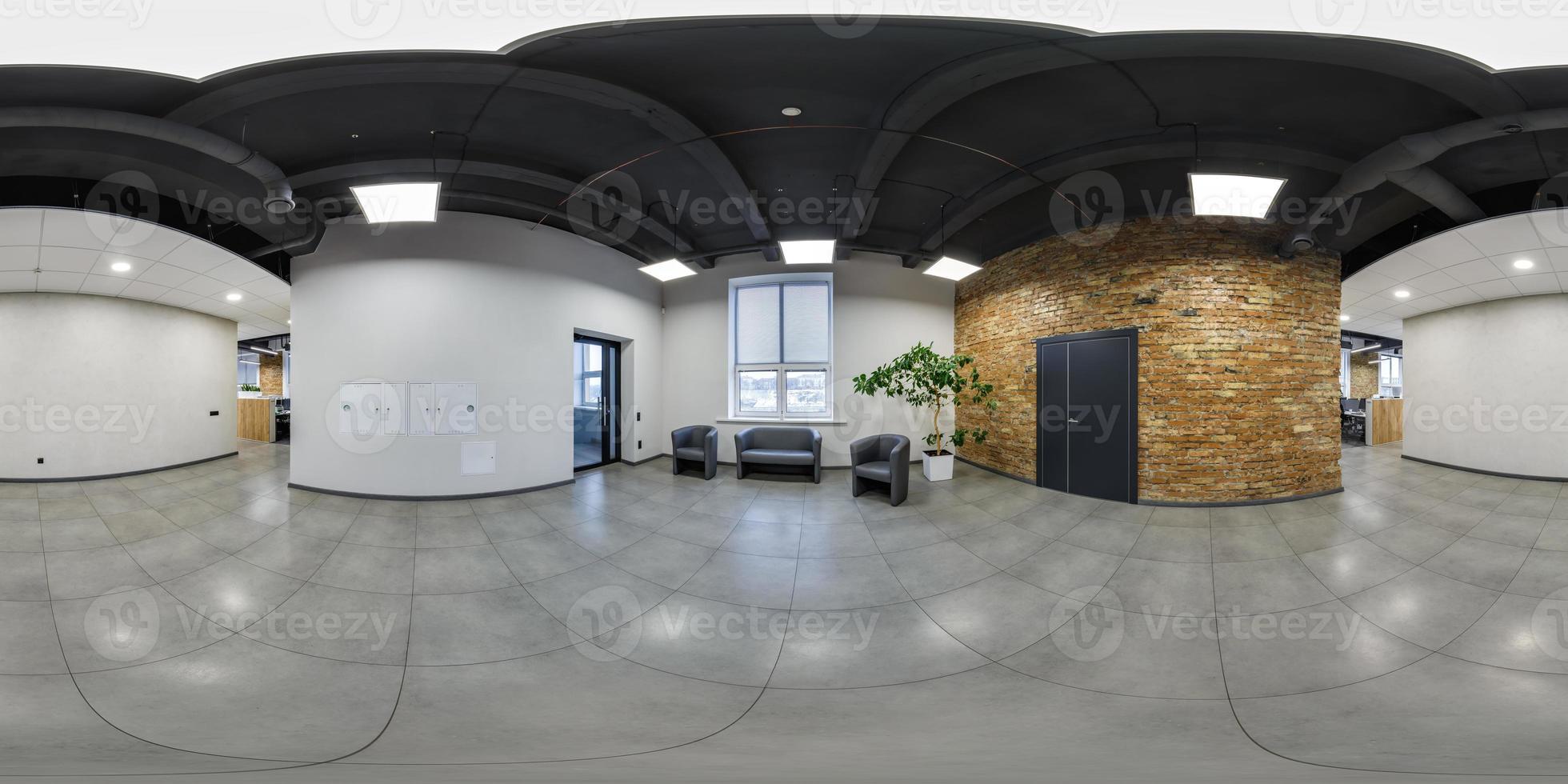 full seamless spherical hdri 360 panorama in interior empty square in hall of IT company among the corridors with brick columns with relax zone in loft style in equirectangular projection photo