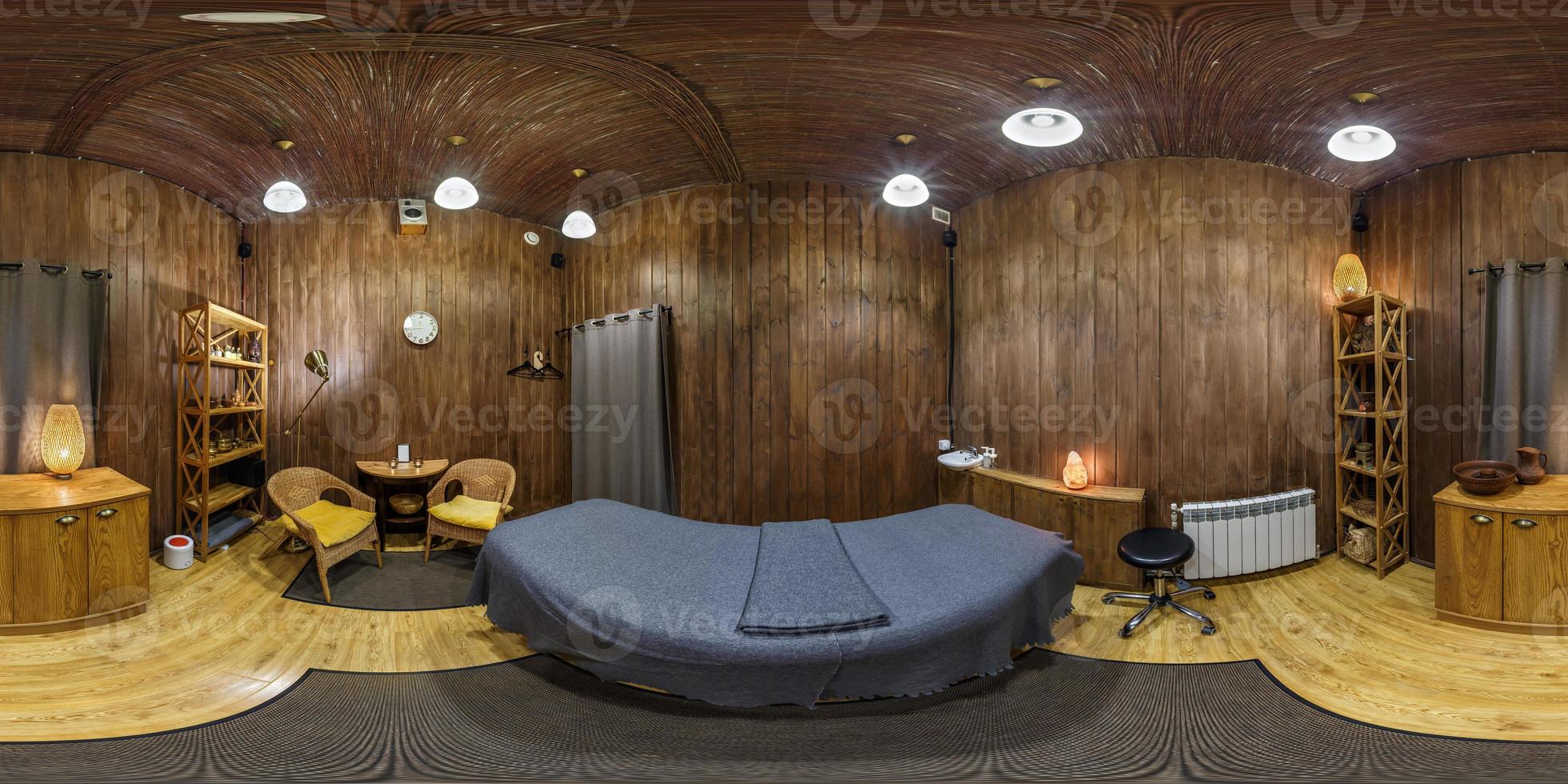 hdri 360 panorama view in stylish beauty spa and massage saloon in wooden room in equirectangular seamless spherical  projection. photo