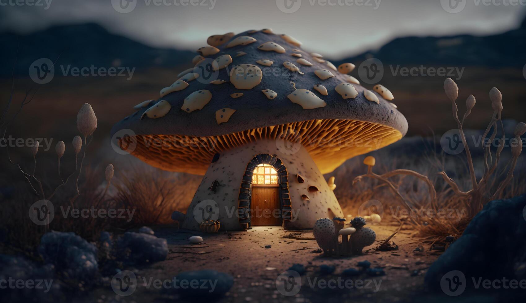 ilustración de venenoso seta casa, enano hada alojamiento desde venenoso hongos generativo ai foto
