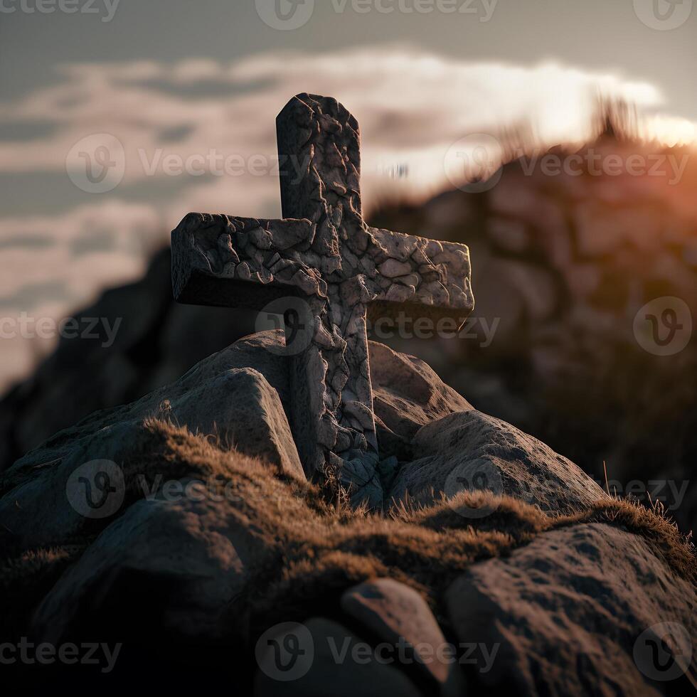 cristiano símbolo en parte superior de roca, cruzar símbolo en el rock colina generativo ai foto