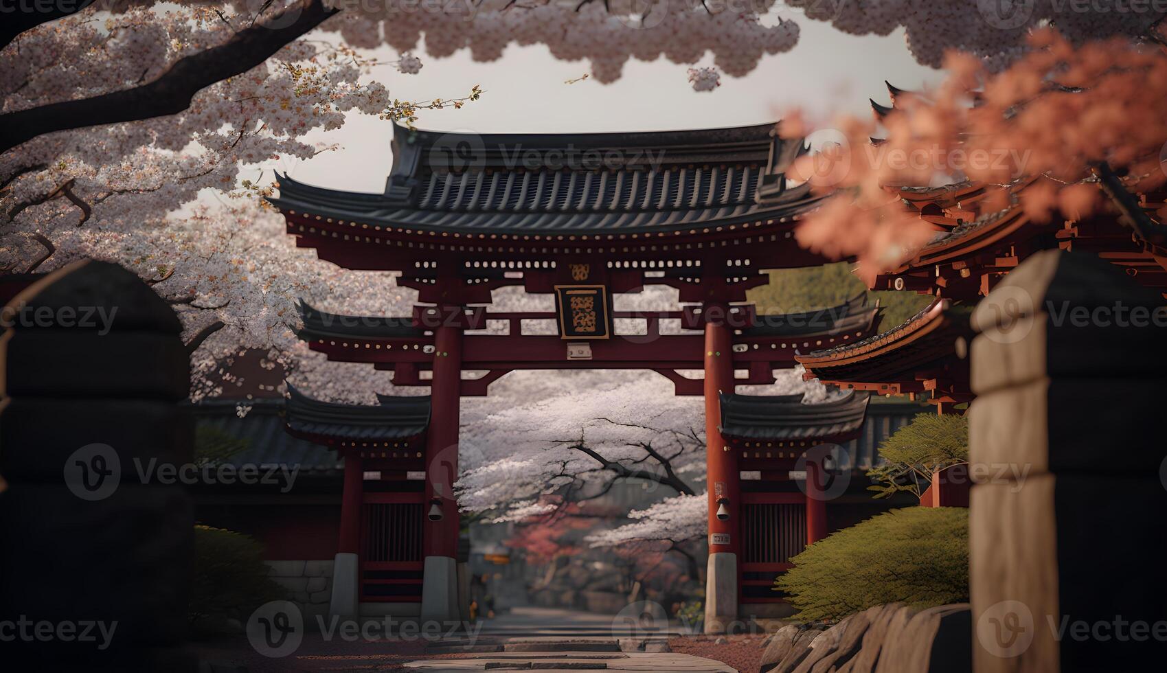 toji gate in cherry blossom garden, japanese garden landscape . photo