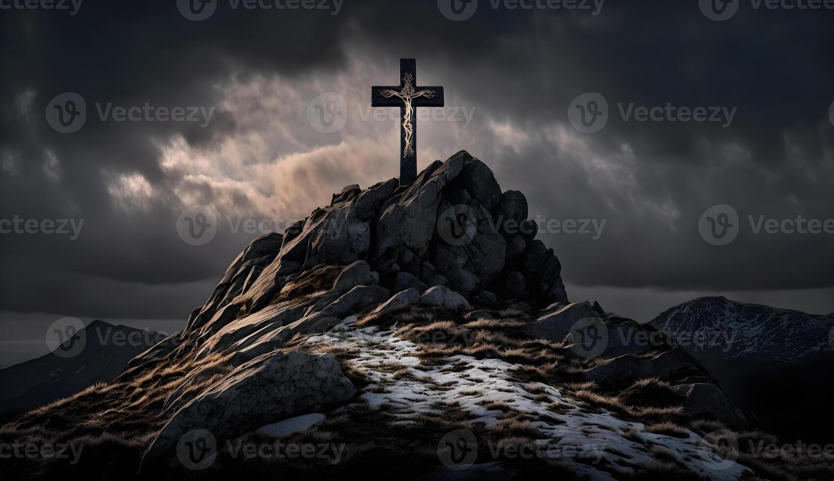 christian symbol on top of rock, cross symbol on the rock hill photo